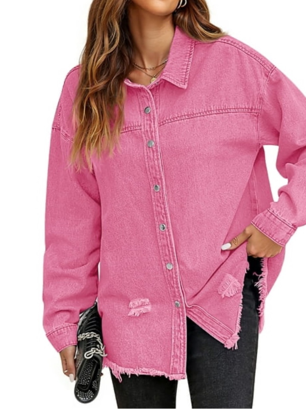 🆕 Boho Oversized Distressed Frayed Hem Denim Button Up Shirt Jacket Shacket - Picture 8 of 11